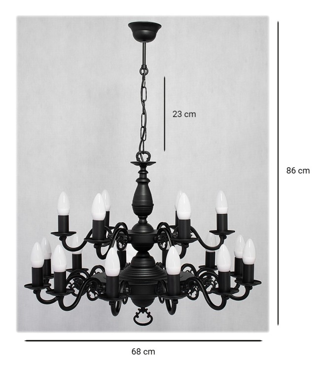Lampa świecznikowa VENTUNO Lemir O3322 P2 W18 CZA – monumentalny żyrandol 2-piętrowy w czarnym macie. Średnica 68 cm, wysokość 86  cm, 18 żarówek E14. Produkt polski, wykonany z dbałością o detale, idealny do kościołów, pałaców i wnętrz historycznych