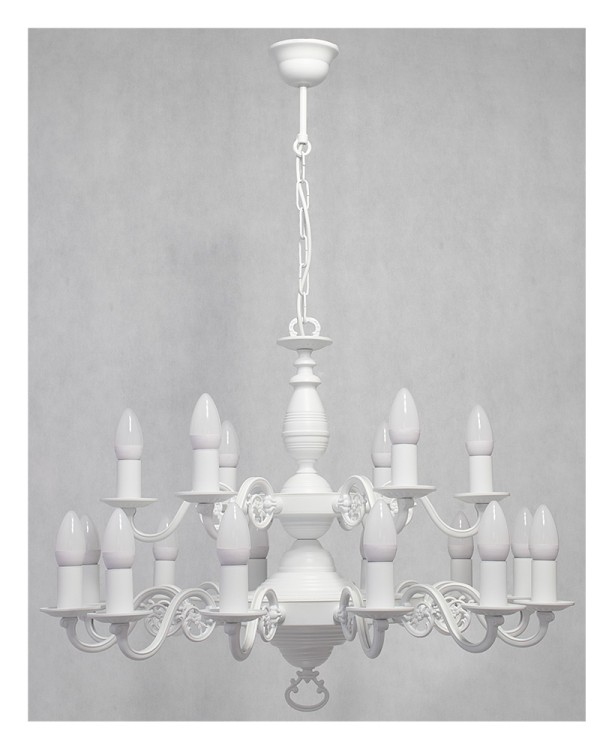 Elegancki żyrandol VENTUNO Lemir biały mat z 12 punktami świetlnymi E14. Dwuziomowa konstrukcja, podział świecenia 6+6, solidne polskie wykonanie. Idealny do dużych, wysokich pomieszczeń, takich jak obiekty sakralne, dworki czy klasyczne rezydencje.