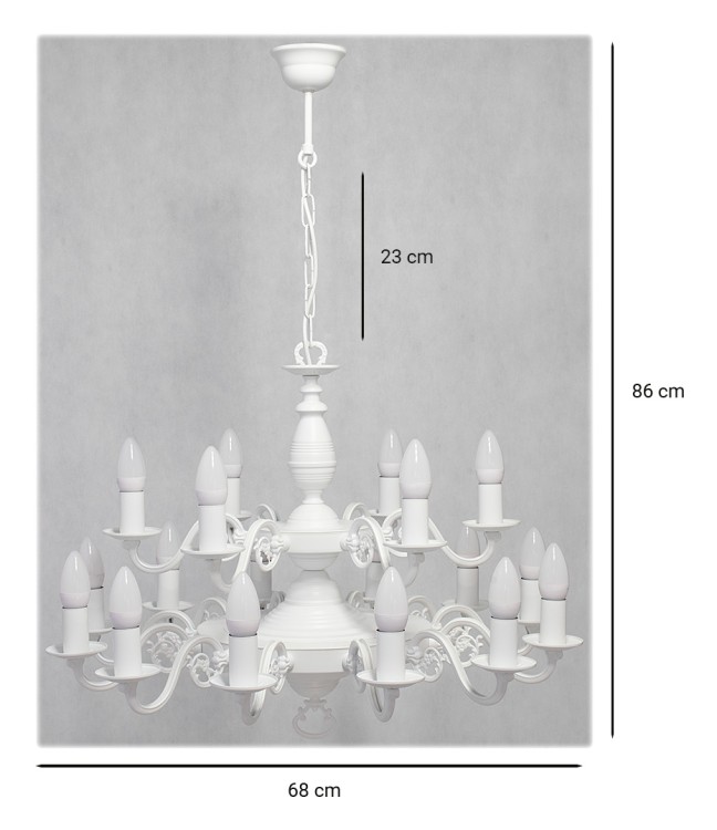 Elegancki żyrandol VENTUNO Lemir biały mat z 12 punktami świetlnymi E14. Dwuziomowa konstrukcja, podział świecenia 6+6, solidne polskie wykonanie. Idealny do dużych, wysokich pomieszczeń, takich jak obiekty sakralne, dworki czy klasyczne rezydencje.