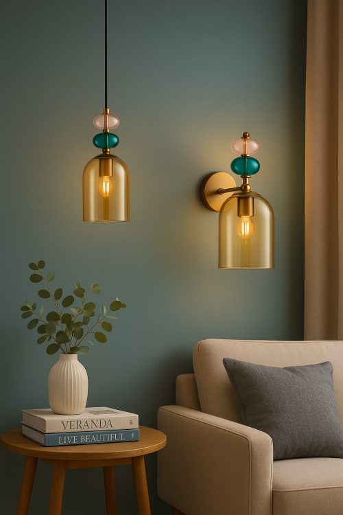 Designerska lampa BUSCO 1xE27 łączy bursztynowe szkło, złote wykończenie i oryginalne kolorowe dodatki. Doskonale sprawdzi się nad stołem, wyspą kuchenną lub barkiem, stając się efektowną dekoracją nowoczesnego wnętrza.