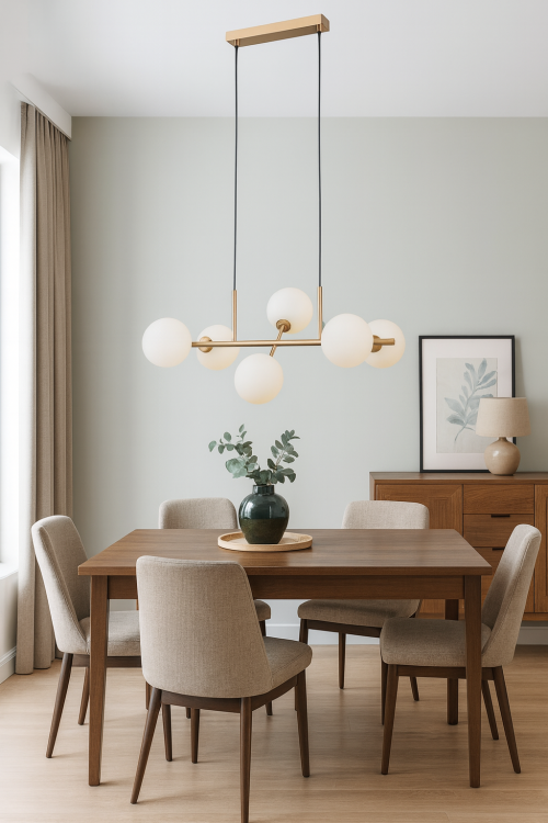 Stylowa lampa MIRELLIO 6xG9 Italux łączy metal w kolorze mosiądzu miodowego z białymi matowymi kloszami. Regulacja wysokości do 150 cm i 6 punktów świetlnych czynią ją doskonałą nad stół, wyspę, do jadalni, kuchni lub salonu.