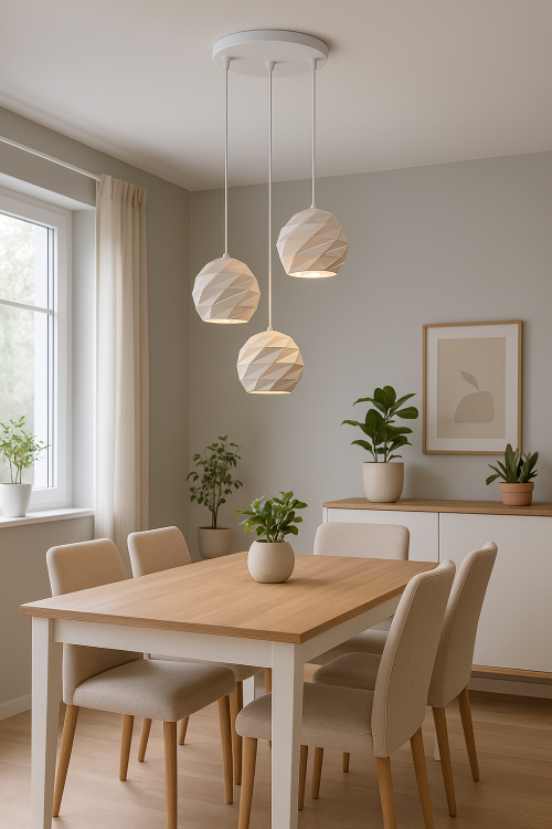 Stylowa lampa wisząca PALERMO 3x40W biała Italux zachwyca geometrycznym designem i trzema kloszami w kolorze matowej bieli. Regulowana wysokość do 100 cm oraz wymienne źródła E27 pozwalają dopasować światło do potrzeb jadalni, salonu lub kuchni.