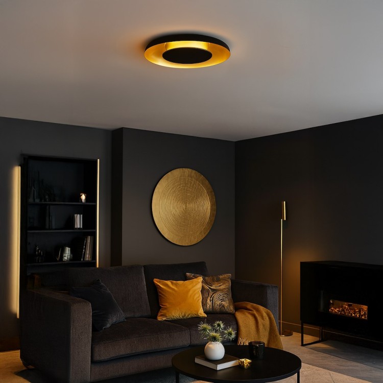 Designerska lampa PIATTINO 30W LED Milagro – czarny mat i złoto, zmiana barwy 3000K/4000K/6000K, wysokości 6 cm. Idealna do nowoczesnych wnętrz: salonu, kuchni, gabinetu.