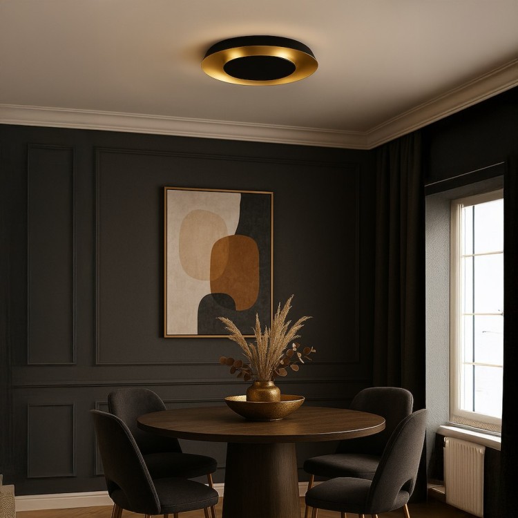 Designerska lampa PIATTINO 30W LED Milagro – czarny mat i złoto, zmiana barwy 3000K/4000K/6000K, wysokości 6 cm. Idealna do nowoczesnych wnętrz: salonu, kuchni, gabinetu.