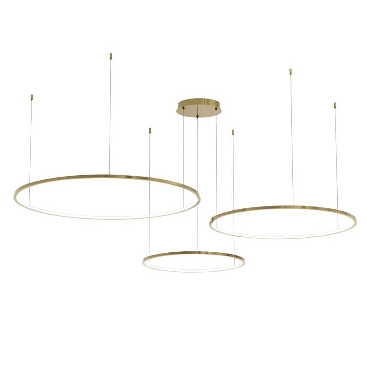 Złota lampa SATURNO ML0847 Milagro z trzema pierścieniami LED 100W 4500 lm i neutralnym światłem 4000K to designerska ozdoba dużych wnętrz. Regulowana wysokość 20–130 cm i energooszczędny LED zapewniają komfortowe oświetlenie salonu, jadalni lub lobby