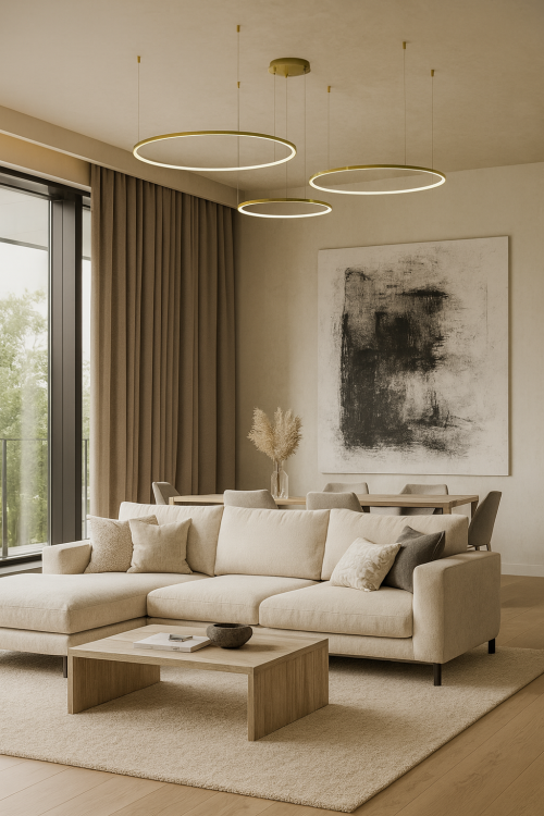 Nowoczesna lampa pierścieniowa SATURNO ML0847 w złotym kolorze to mocne oświetlenie LED 100W 4500 lm z neutralną barwą 4000K. Trzy ringi tworzą przestrzenną kompozycję, a regulowana wysokość 20–130 cm ułatwia montaż w salonie, jadalni i dużych open space