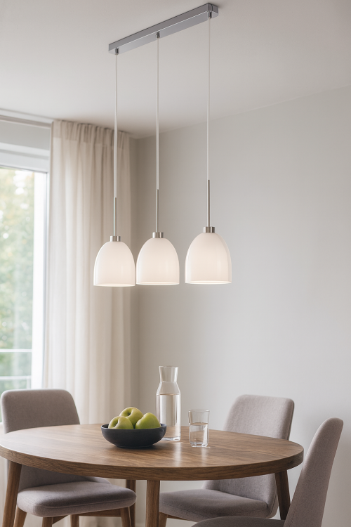 Lampa wisząca RONDA 3pł Alfa 60138 transparentna to nowoczesne oświetlenie nad stół, wyspę lub barek. Chromowana listwa, podwójne klosze – zewnętrzny przezroczysty, wewnętrzny biały. Wysokość 100 cm, 3xE27 60W. Styl i funkcjonalność w jednym