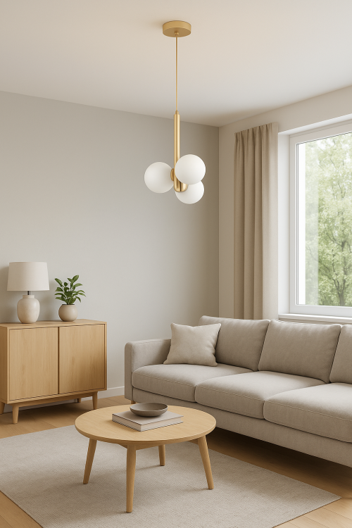 Luksusowa lampa sufitowa PERLA 3xG9 Sigma 33605 – złoto-beżowy korpus ze stali lakierowanej, trzy białe szklane kule, możliwość regulacji zawieszenia, energooszczędne gniazda G9 12W max, stylowy dodatek do nowoczesnego salonu lub jadalni.