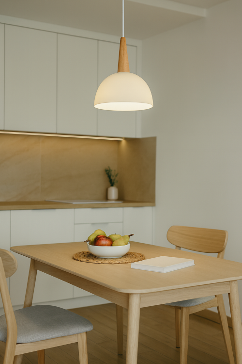 Nowoczesna lampa sufitowa w kolorze białym z drewnianym wykończeniem, model FOTYN 1xE27 Alfa 9725, idealna do jadalni, kuchni i minimalistycznych aranżacji, wys. 90 cm, regulacja przewodu