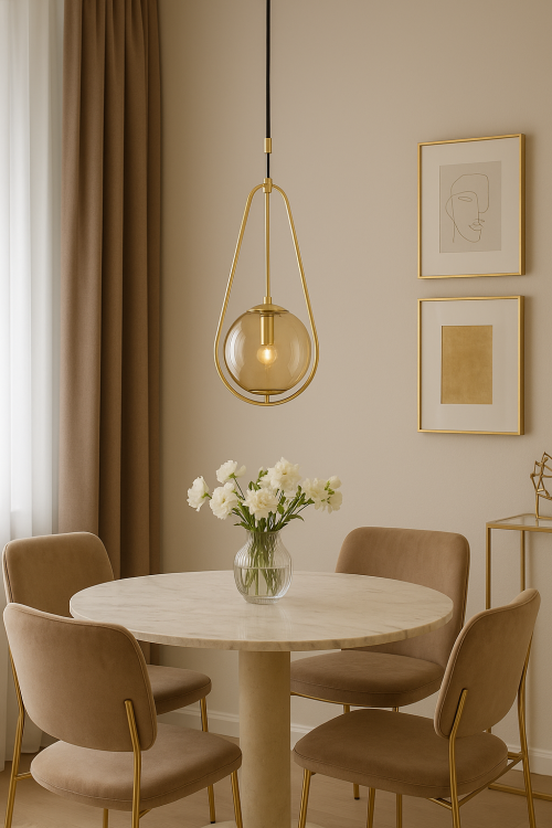 Elegancka lampa wisząca EL-DORADO marki Alfa – złota i czarna konstrukcja, kulisty bursztynowy klosz, jedno źródło światła E14, idealna do wnętrz glamour i modern classic.