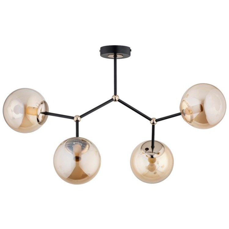 Lampa sufitowa GOLEM 4xE14 marki Alfa w kolorze złota antyk i czerni z czterema bursztynowymi kulami, długość 64 cm, szerokość 42 cm, idealna do salonu, jadalni i sypialni.
