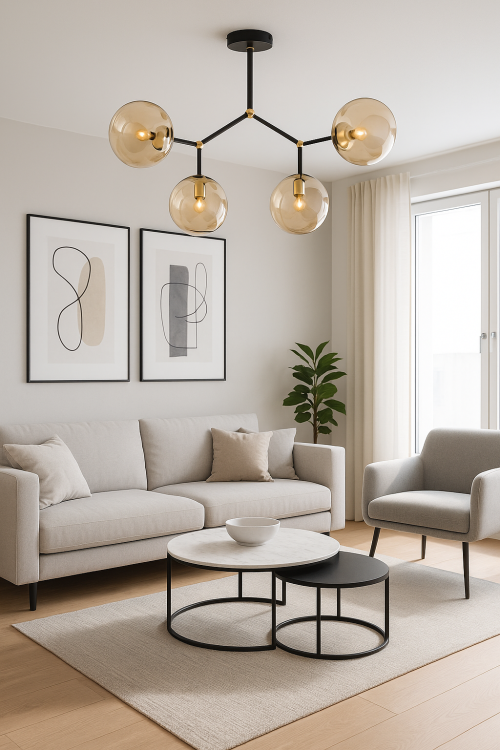 Elegancka lampa sufitowa GOLEM marki Alfa – złota antyk z czarnymi detalami, cztery bursztynowe kule, solidne wykonanie z metalu i szkła, gwarancja 2 lata