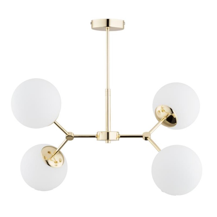 Nowoczesna lampa sufitowa FOTON 63117 – złota oprawa, cztery białe matowe kule, wymiary 51 x 38 x 60 cm, doskonała do średnich pomieszczeń