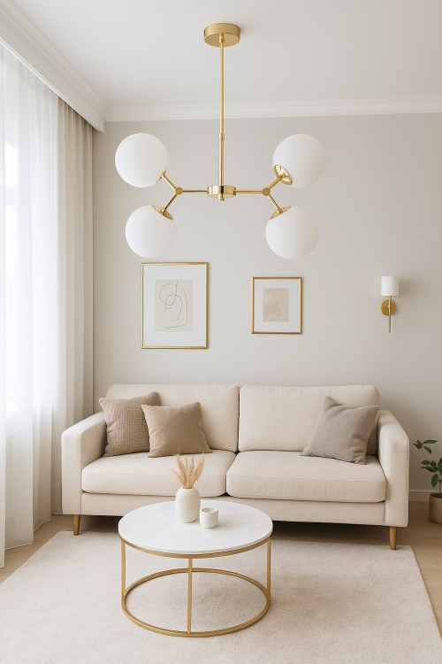 Lampa sufitowa FOTON z czterema białymi kloszami na złotym stelażu, długość 60 cm, szerokość 38 cm, wysokość 51 cm, idealna do nowoczesnych i klasycznych aranżacji wnętrz