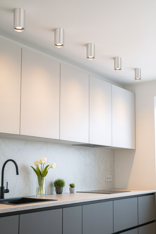 Cylindryczna lampa natynkowa Italux LOPUS w kolorze aluminium, stylowy plafon tuba 1xGU10 10W max, idealny do nowoczesnych wnętrz w stylu minimalistycznym lub industrialnym.