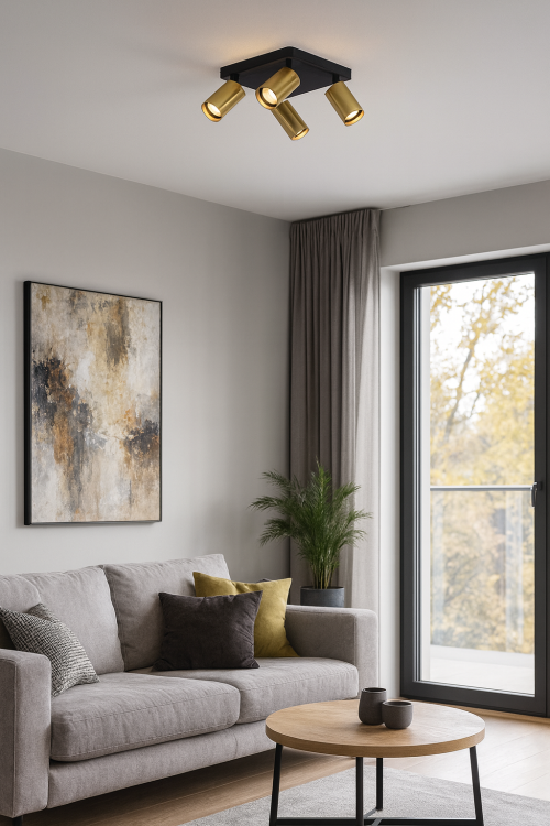 Stylowa oprawa sufitowa NESTO Italux, czarny piaskowany kwadrat z regulowanymi reflektorkami w kolorze złotym, 4 gniazda GU10 LED 10W max, aluminiowa konstrukcja o wysokości 13 cm.