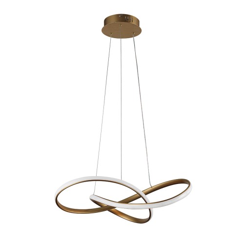 Lampa sufitowa CONSA Italux w kolorze złotym to nowoczesne oświetlenie LED z efektownymi, skręconymi pierścieniami. Zintegrowany moduł 40W LED o mocy 3400 lm oraz zmienna barwa światła 3000K–6500K czynią ją idealną do salonu i jadalni.