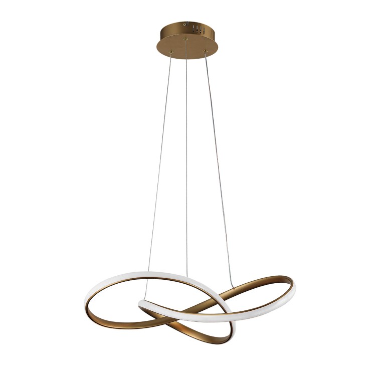 Lampa sufitowa CONSA Italux w kolorze złotym to nowoczesne oświetlenie LED z efektownymi, skręconymi pierścieniami. Zintegrowany moduł 40W LED o mocy 3400 lm oraz zmienna barwa światła 3000K–6500K czynią ją idealną do salonu i jadalni.