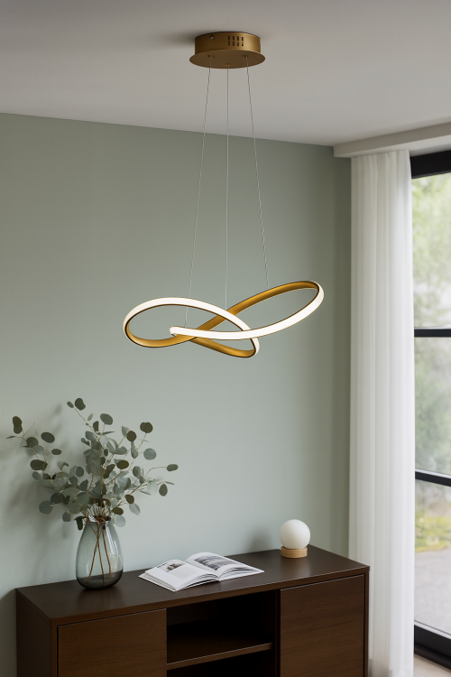 Designerska lampa LED CONSA Italux łączy luksusowy złoty kolor z nowoczesną formą. Skręcone pierścienie LED zapewniają równomierne światło 3400 lm, a możliwość wyboru barwy światła pozwala dopasować klimat wnętrza do potrzeb użytkownika.