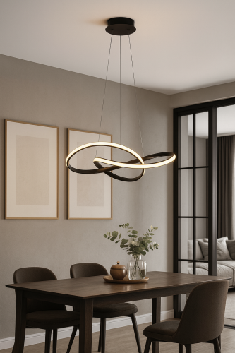 Elegancka lampa wisząca CONSA LED 40W w czarnej kolorystyce, szerokość 50 cm, możliwość regulacji barwy światła i wysokości, idealna do salonu, jadalni lub sypialni.