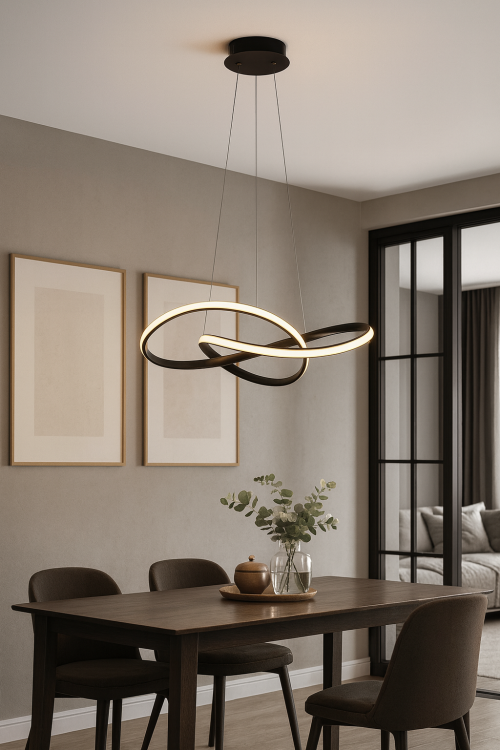 Elegancka lampa wisząca CONSA LED 40W w czarnej kolorystyce, szerokość 50 cm, możliwość regulacji barwy światła i wysokości, idealna do salonu, jadalni lub sypialni.