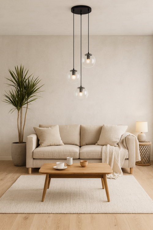Lampa wisząca Sarpo Italux z transparentnymi kulami i czarną konstrukcją tworzy elegancki efekt świetlny. Model 3xE27 idealnie sprawdzi się nad stołem lub wyspą kuchenną w nowoczesnym wnętrzu.