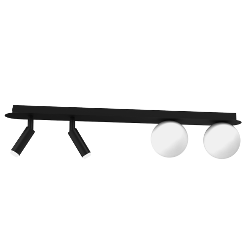 Nowoczesna lampa sufitowa SIRIO MLP8406 Milagro z 5 oprawami G9. Czarna, matowa konstrukcja i mlecznobiałe klosze pasują do salonu, jadalni oraz kuchni. Niska oprawa 64 × 10 × 15 cm sprawdzi się także nad stołem i wyspą kuchenną.