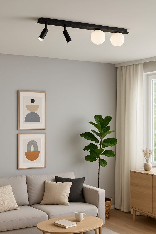 Designerska lampa Milagro SIRIO z pięcioma gniazdami G9 i mlecznymi kulami o średnicy 10 i 12 cm w kontrastowej czarno-białej kolorystyce