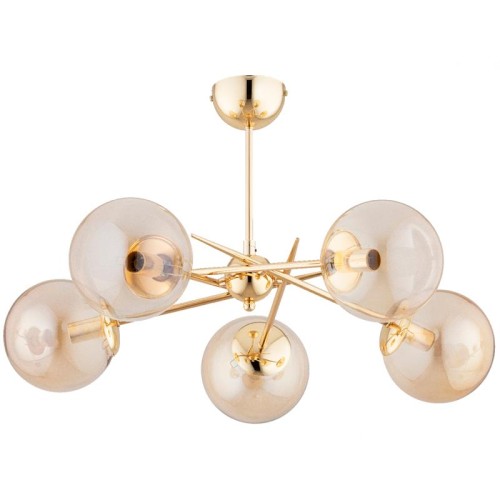 Designerska lampa wisząca PRIMERY 5-punktowa ze złotą konstrukcją i szklanymi kloszami w odcieniu amber