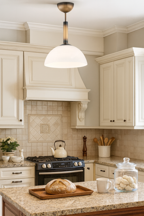 Lampa wisząca Klara na jedną żarówkę w kolorze patyna z białym kloszem.