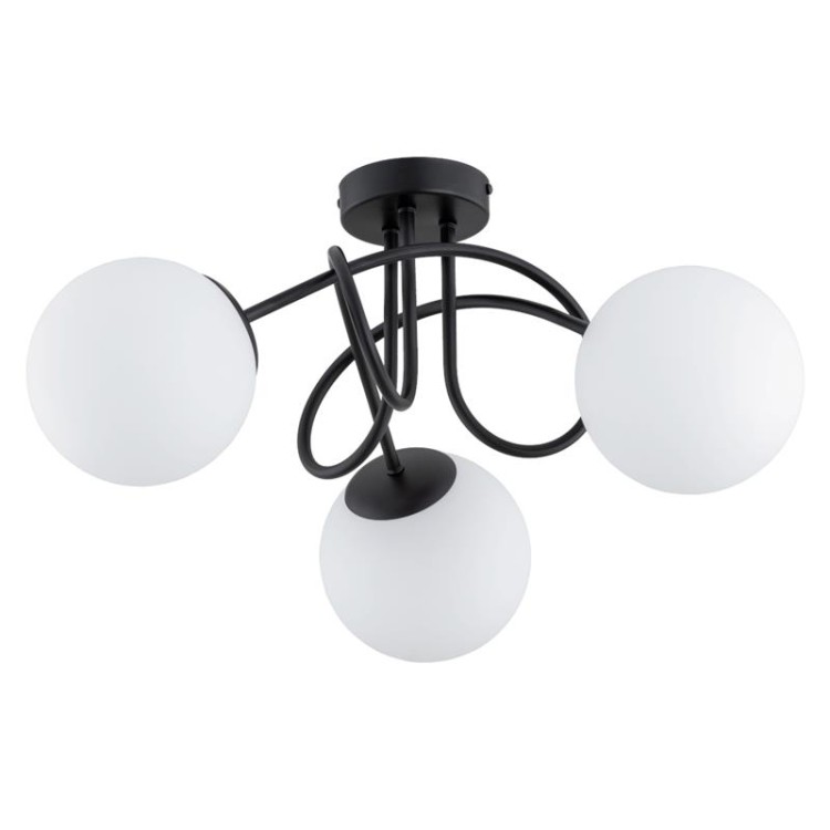 Designerska lampa sufitowa BANKO 3-punktowa w kolorze czarnym z białymi kulami ze szkła, stylowy dodatek do wnętrz modern i loft