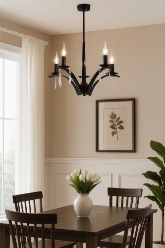 Dekoracyjna lampa wisząca KAPRA Lemir czarna połysk z kryształowymi zawieszkami i pięcioma źródłami światła