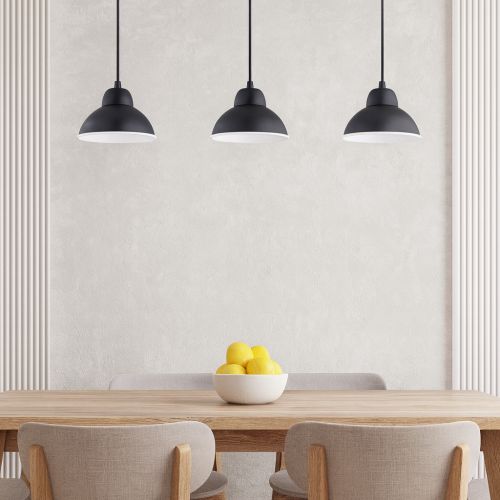 Industrialna lampa Lemir ASTRO O2983 W3 CZA + BIA, potrójny zwis na listwie montażowej, czarne matowe klosze z białym wnętrzem.