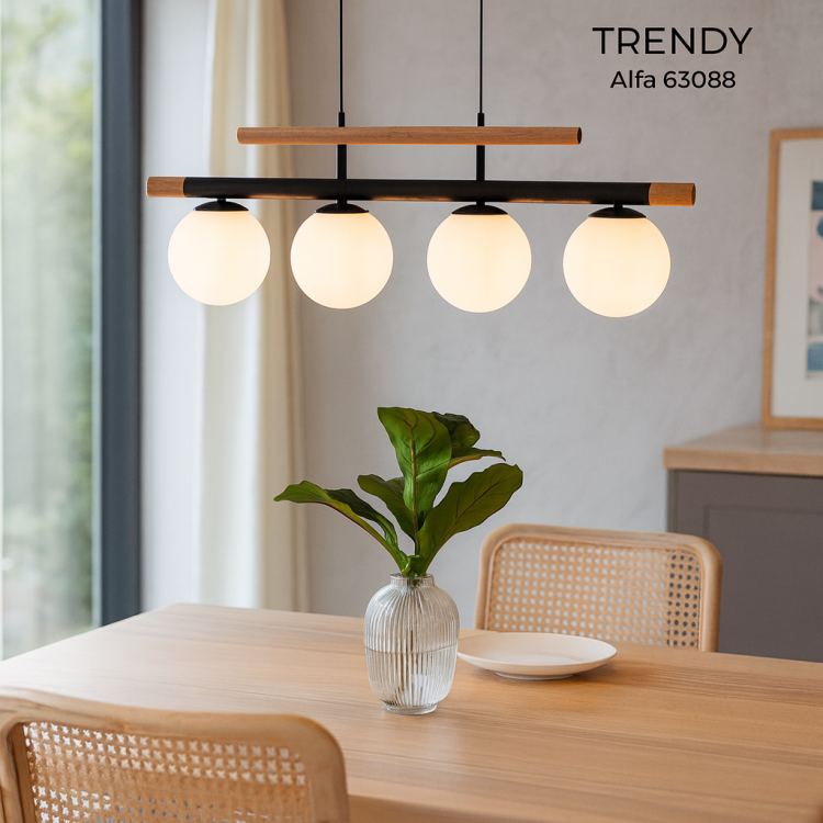 Stylowa lampa Alfa TRENDY belka czarna z elementami drewna i czterema kulistymi kloszami.