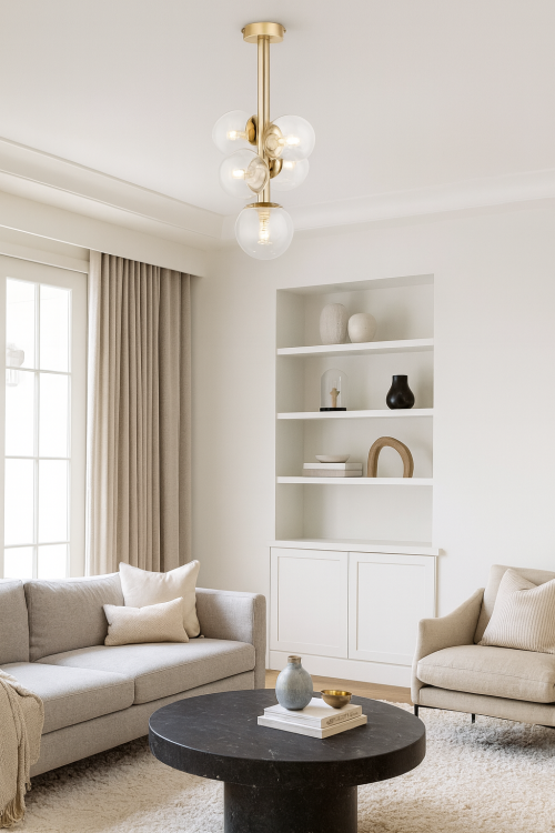 Plafon PERLA LUX 5xG9 Sigma – złota satyna z transparentnymi kulistymi kloszami, eleganckie oświetlenie glamour