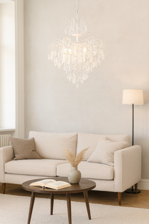 Kryształowy żyrandol GRAZIA biały 6x60W, ozdobna lampa sufitowa do salonu, sypialni i jadalni, producent Venti.