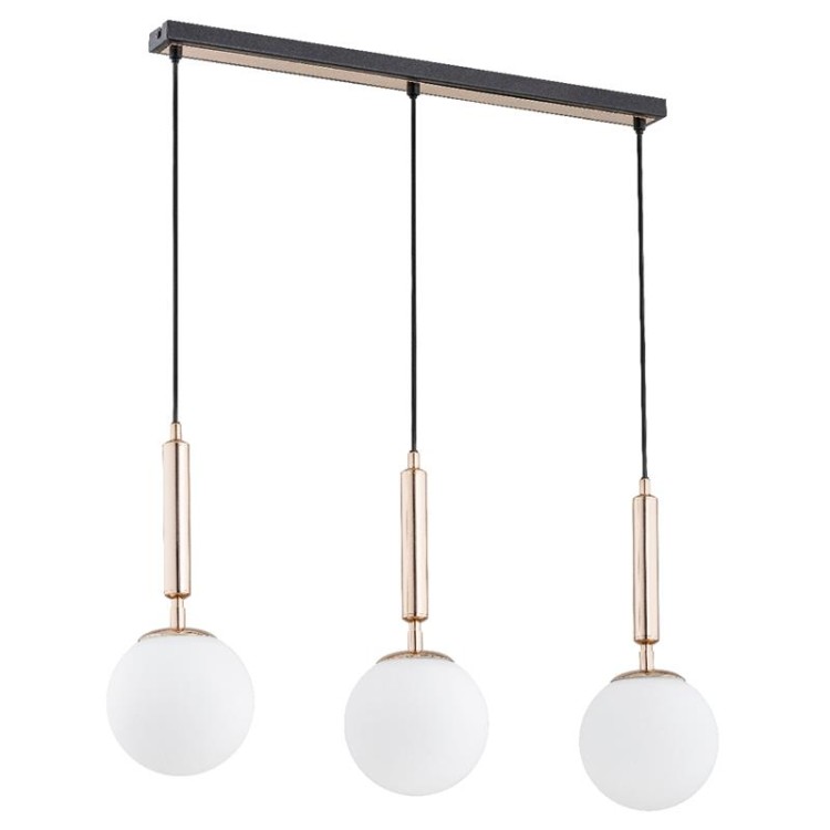 Lampa sufitowa VOLDA PICOLO 3xE14 Alfa 62205 to eleganckie oświetlenie w kolorach złota, miedzi i czerni z białymi kulami. Idealna nad stół, wyspę kuchenną lub do salonu.