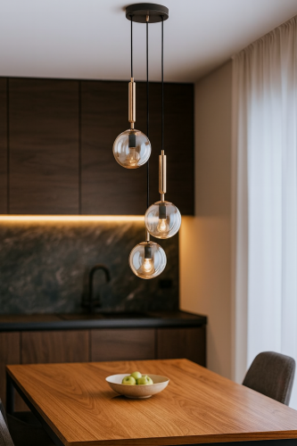 VOLDA PICOLO 3xE14 złota Alfa 63068 – elegancka lampa wisząca z bursztynowymi kulami. Nowoczesne oświetlenie nad stół i wyspę kuchenną, 2 lata gwarancji.