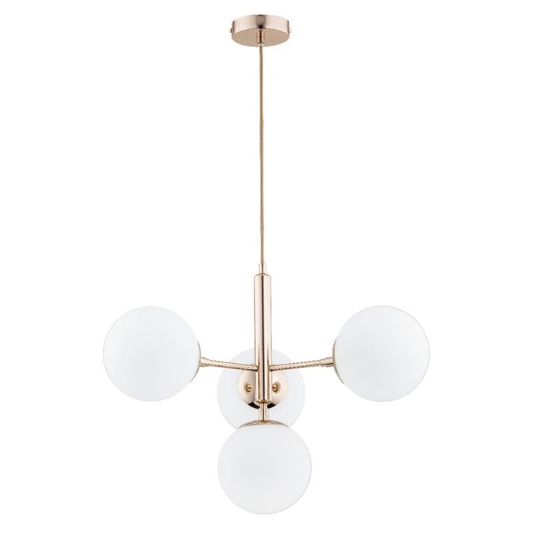 Lampa sufitowa VOLDA PICOLO 4x40W Alfa 63089 – złota armatura i białe kule. Eleganckie oświetlenie nad stół, do salonu i jadalni. Podział świecenia, LED.