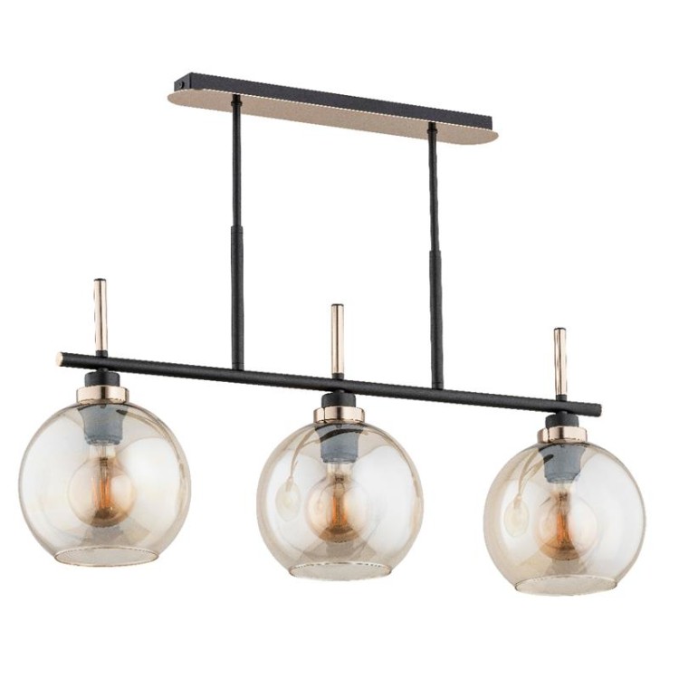 Lampa sufitowa DOLFI 3x60W czarna złota Alfa 62198 z bursztynowymi kulami. Eleganckie oświetlenie nad stół, do kuchni i salonu. Pasuje do żarówek LED.
