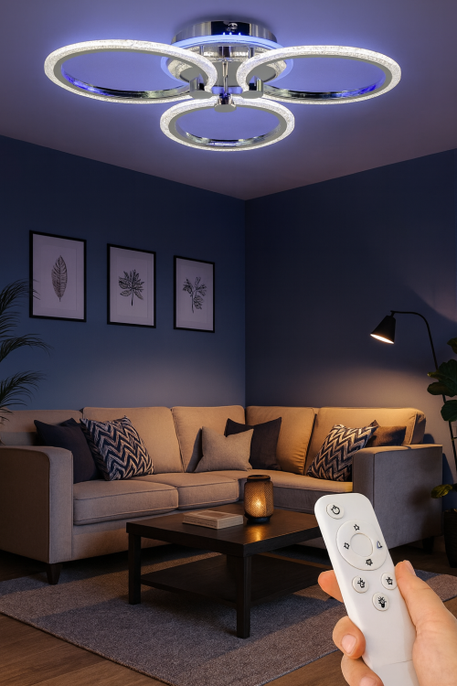 Plafon LED RING chrom – nowoczesna lampa z kryształkami, 47W, 4800 lm. Regulacja 3200–7600K, sterowanie pilotem i aplikacją. Funkcja nocna i ściemnianie.