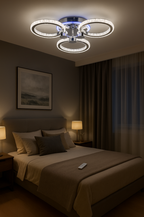 Designerski plafon LED RING 47W chrom z kryształkami. Funkcje: zmiana barwy, ściemnianie, tryb nocny. Wygodne sterowanie pilotem i telefonem. Idealny do nowoczesnych wnętrz