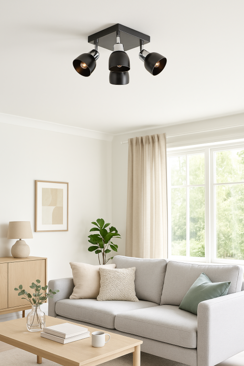 Spot FENIKS LEMIR O2594 P4 – elegancka lampa 4-punktowa ze stali w czarnym półmacie z chromem. Uniwersalne oświetlenie do wnętrz, łatwy montaż, polska produkcja i kompatybilność z LED.