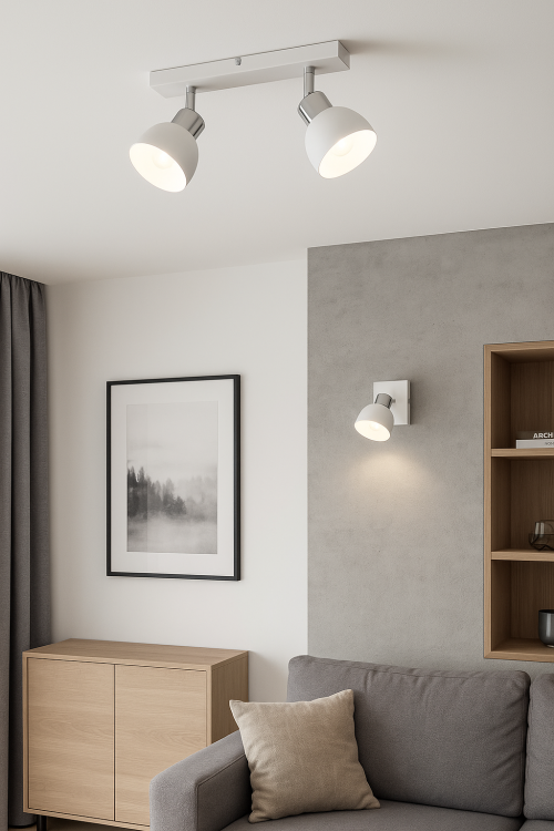 Nowoczesny spot FENIKS 2-płomienny Lemir. Stalowa oprawa w białym macie z chromowanymi detalami. Źródło światła 2xE27 60W, szerokość 30 cm. Eleganckie oświetlenie do wnętrz domowych.