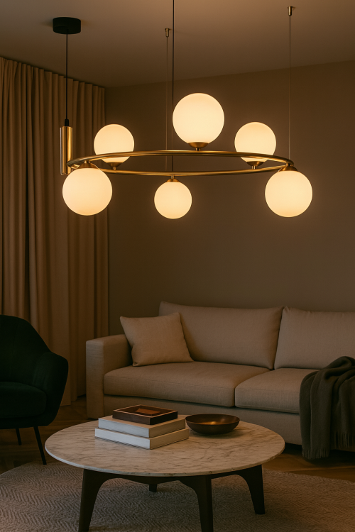 Lampa sufitowa AMILY 6x25W MDM-3974/6 BRO Italux to elegancka oprawa w złotym kolorze z białymi kloszami. Nowoczesny design, sześć źródeł światła G9 i solidne wykonanie czynią ją idealnym oświetleniem salonu, jadalni lub kuchni.