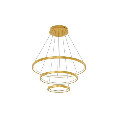 Nowoczesna lampa COMA LVT 9797 LED 77W w kolorze złotym. Trzy pierścienie, regulowana wysokość, sterowanie pilotem. Idealna do wnętrz glamour i modern classic.