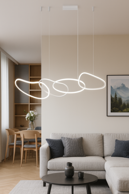 Lampa sufitowa FONTE biała 60W LED Italux to designerskie oświetlenie z czterema efektownymi ringami. 5300 lm, możliwość wyboru barwy światła 3000K–6500K. Idealna do salonu, jadalni i wnętrz w stylu scandi i modern.