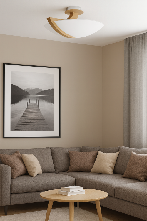 Lampa sufitowa CALMI 3xE14 Alfa 90058 to połączenie drewna, szkła i metalu w eleganckiej formie. Biało-brązowy plafon o średnicy 54 cm idealnie pasuje do wnętrz skandynawskich i nowoczesnych. Zapewnia przyjemne, równomierne światło