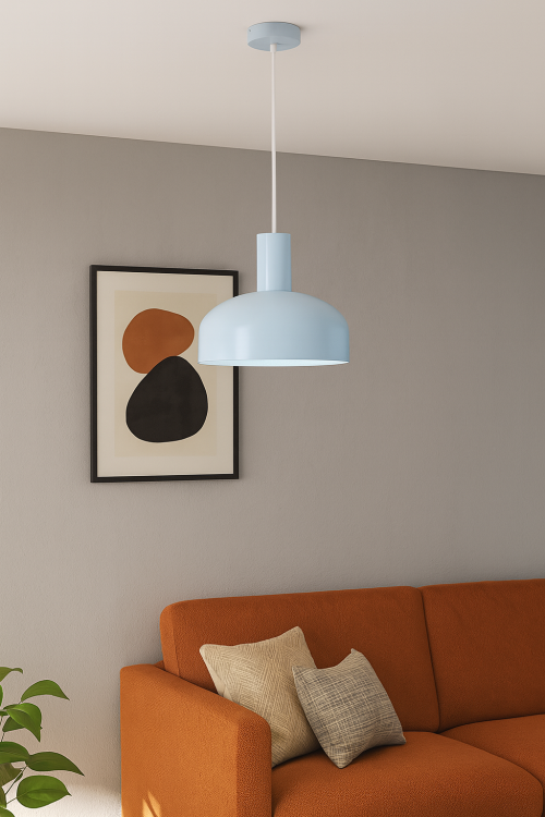 Nowoczesna lampa wisząca w kolorze jasnoniebieskim to stylowe oświetlenie, które doda lekkości i świeżości każdemu wnętrzu. Idealna do kuchni, jadalni, salonu lub pokoju dziecięcego. Prosty design pasuje do stylu skandynawskiego i nowoczesnego.