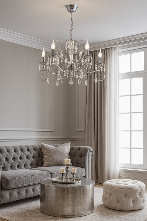 Lampa sufitowa ASTOR 5pł Alfa 21585 w kolorze chrom to elegancki żyrandol z kryształkami, który pięknie rozprasza światło. Idealna do salonu, jadalni i sypialni. Wnosi styl glamour i klasyczną elegancję do każdego wnętrza.